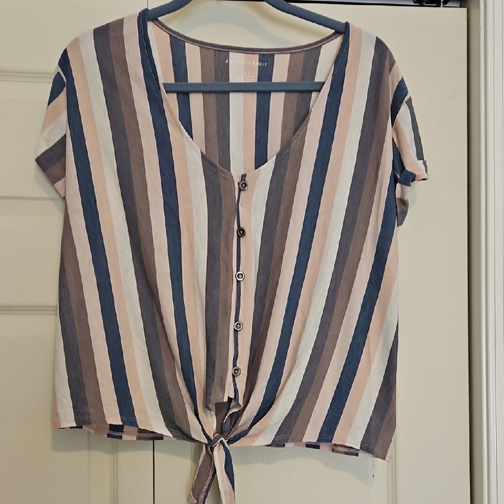 American Eagle Outfitters Striped Button-Tie Top in Blue, Taupe & Cream